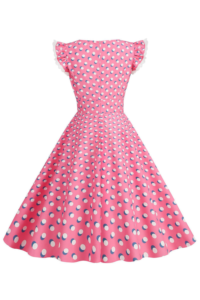 Załaduj obraz do przeglądarki galerii, Linia Różowe Groszki Flutter Rękawy Sukienka Lata 50