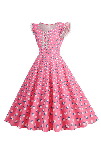 Linia Różowe Groszki Flutter Rękawy Sukienka Lata 50
