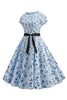 Załaduj obraz do przeglądarki galerii, Jasnoniebieskie Rękawy Z Nadrukiem Sukienka Lata 50