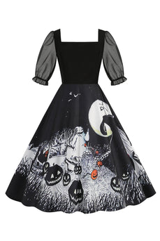 Czarna sukienka vintage z nadrukiem na Halloween