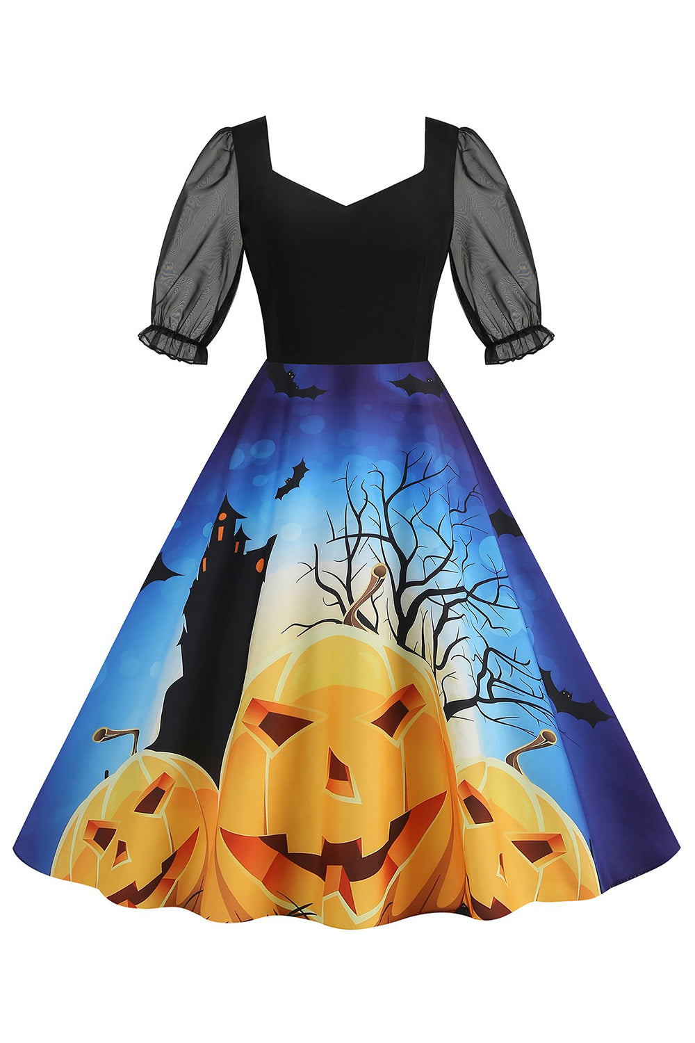 Czarna sukienka vintage z nadrukiem na Halloween