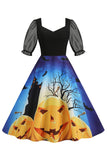 Czarna sukienka vintage z nadrukiem na Halloween