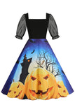 Czarna sukienka vintage z nadrukiem na Halloween