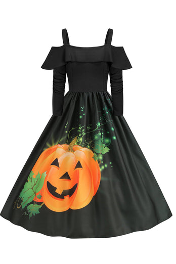 Czarna Sukienka W Stylu Vintage Z Odkrytymi Ramionami I Nadrukiem Dyni Na Halloween