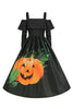 Załaduj obraz do przeglądarki galerii, Czarna Sukienka W Stylu Vintage Z Odkrytymi Ramionami I Nadrukiem Dyni Na Halloween