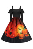 Czarna Sukienka W Stylu Vintage Z Odkrytymi Ramionami I Nadrukiem Dyni Na Halloween
