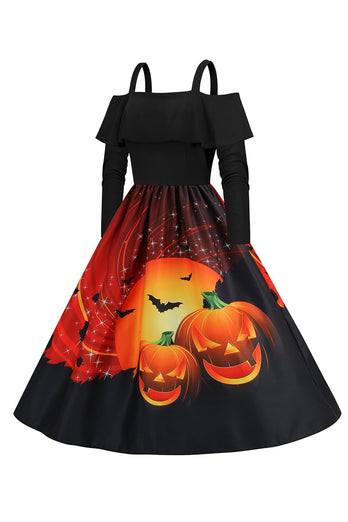 Czarna Sukienka W Stylu Vintage Z Odkrytymi Ramionami I Nadrukiem Dyni Na Halloween