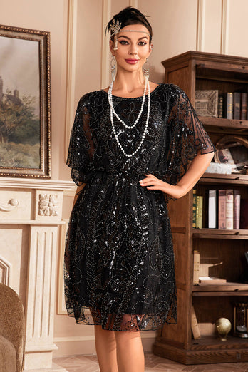 Batwing Rękawy Czarne Cekiny Sukienka Wielki Gatsby