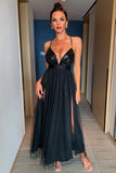 Fuksja Deep V Neck Linia błyszcząca długa sukienka na studniówkę z rozcięciem