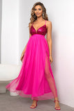 Fuksja Deep V Neck Linia błyszcząca długa sukienka na studniówkę z rozcięciem