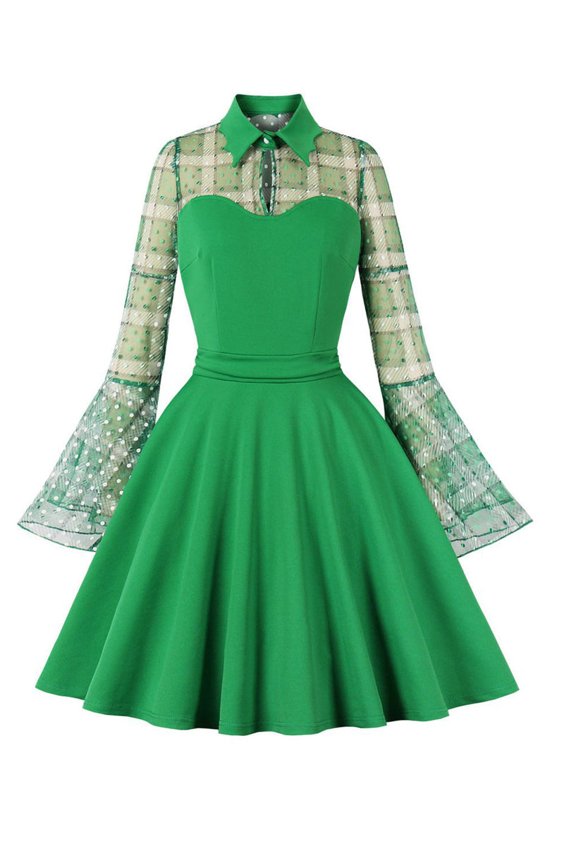 Załaduj obraz do przeglądarki galerii, Sukienka W Kratę Z Długim Rękawem Zielona Sukienka Vintage