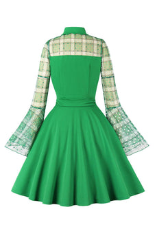 Sukienka W Kratę Z Długim Rękawem Zielona Sukienka Vintage