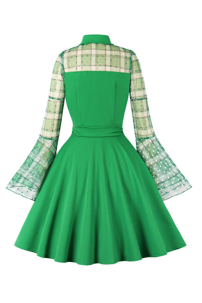 Załaduj obraz do przeglądarki galerii, Sukienka W Kratę Z Długim Rękawem Zielona Sukienka Vintage
