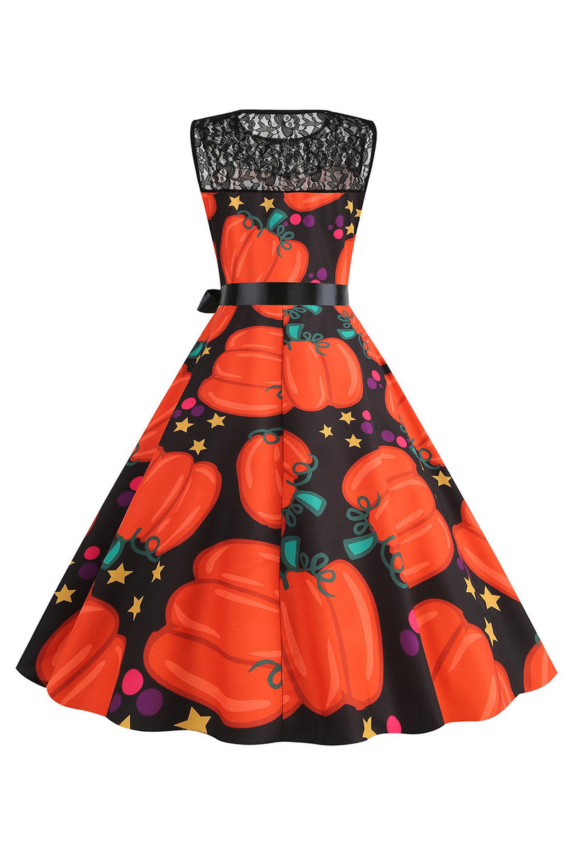 Załaduj obraz do przeglądarki galerii, Pomarańczowa Sukienka Vintage Z Nadrukiem Dyni Na Halloween