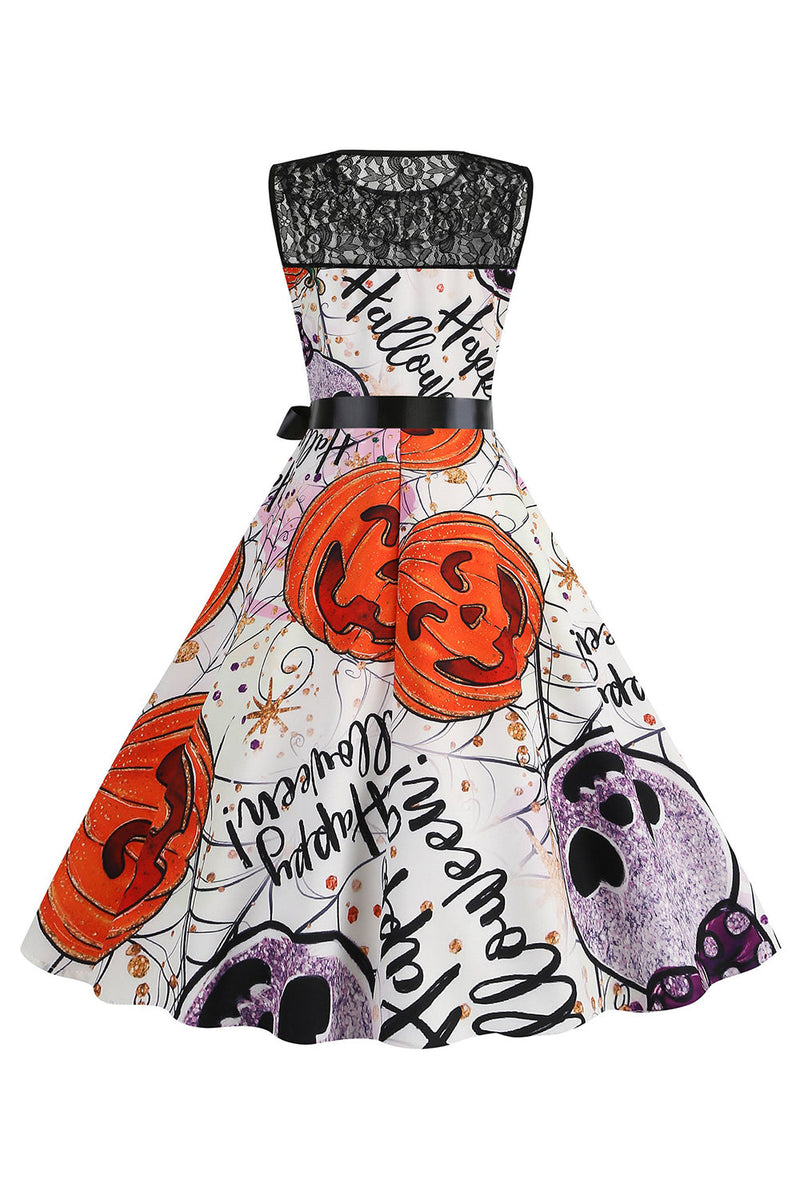 Załaduj obraz do przeglądarki galerii, Pomarańczowa Sukienka Vintage Z Nadrukiem Dyni Na Halloween