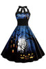 Załaduj obraz do przeglądarki galerii, Halloween Druk Dekolt Halter Niebieska Sukienki Vintage