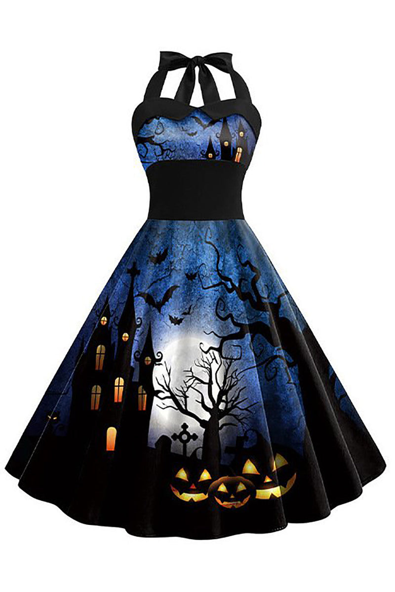 Załaduj obraz do przeglądarki galerii, Halloween Druk Dekolt Halter Niebieska Sukienki Vintage