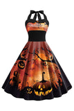 Halloween Druk Dekolt Halter Niebieska Sukienki Vintage