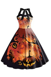 Halloween Druk Dekolt Halter Niebieska Sukienki Vintage