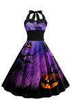 Halloween Druk Dekolt Halter Niebieska Sukienki Vintage