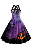 Halloween Druk Dekolt Halter Niebieska Sukienki Vintage