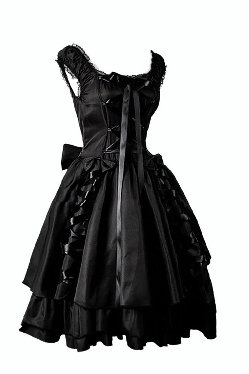 Załaduj obraz do przeglądarki galerii, Halloween Czarna Sukienka Vintage Z Koronką