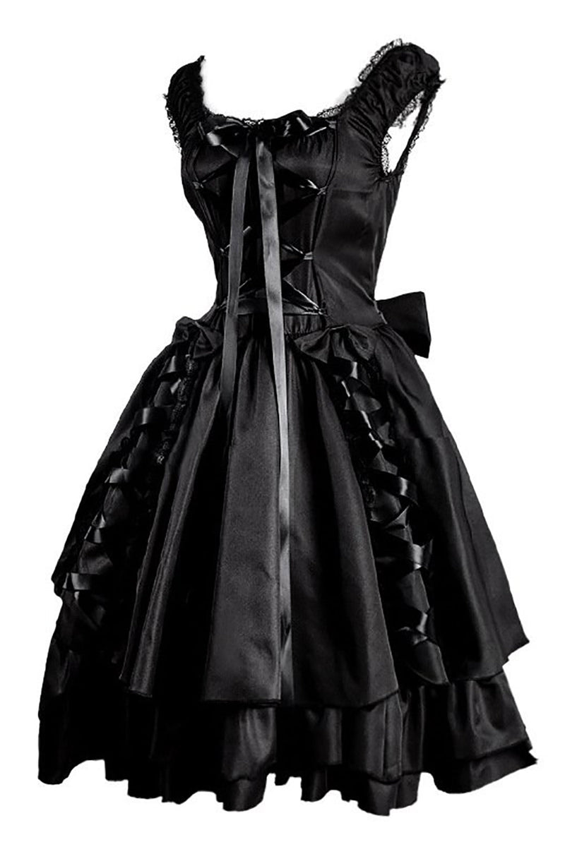 Załaduj obraz do przeglądarki galerii, Halloween Czarna Sukienka Vintage Z Koronką