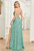 Załaduj obraz do przeglądarki galerii, Błyszczące Zielone Paski Sapghetti Długa Sukienka Na Studniówkę Z Rozcięciem
