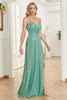 Załaduj obraz do przeglądarki galerii, Błyszczące Zielone Paski Sapghetti Długa Sukienka Na Studniówkę Z Rozcięciem