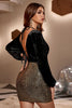 Załaduj obraz do przeglądarki galerii, Krótka Bodycon Czarna Złota Cekinowa Sukienka Z Dekoltem W Serek