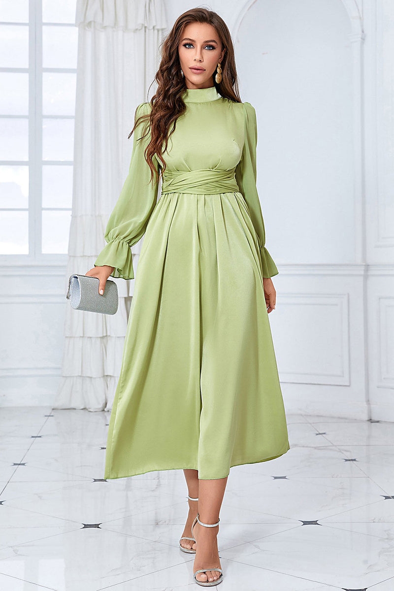 Załaduj obraz do przeglądarki galerii, A Line Zielona sukienka z długim rękawem