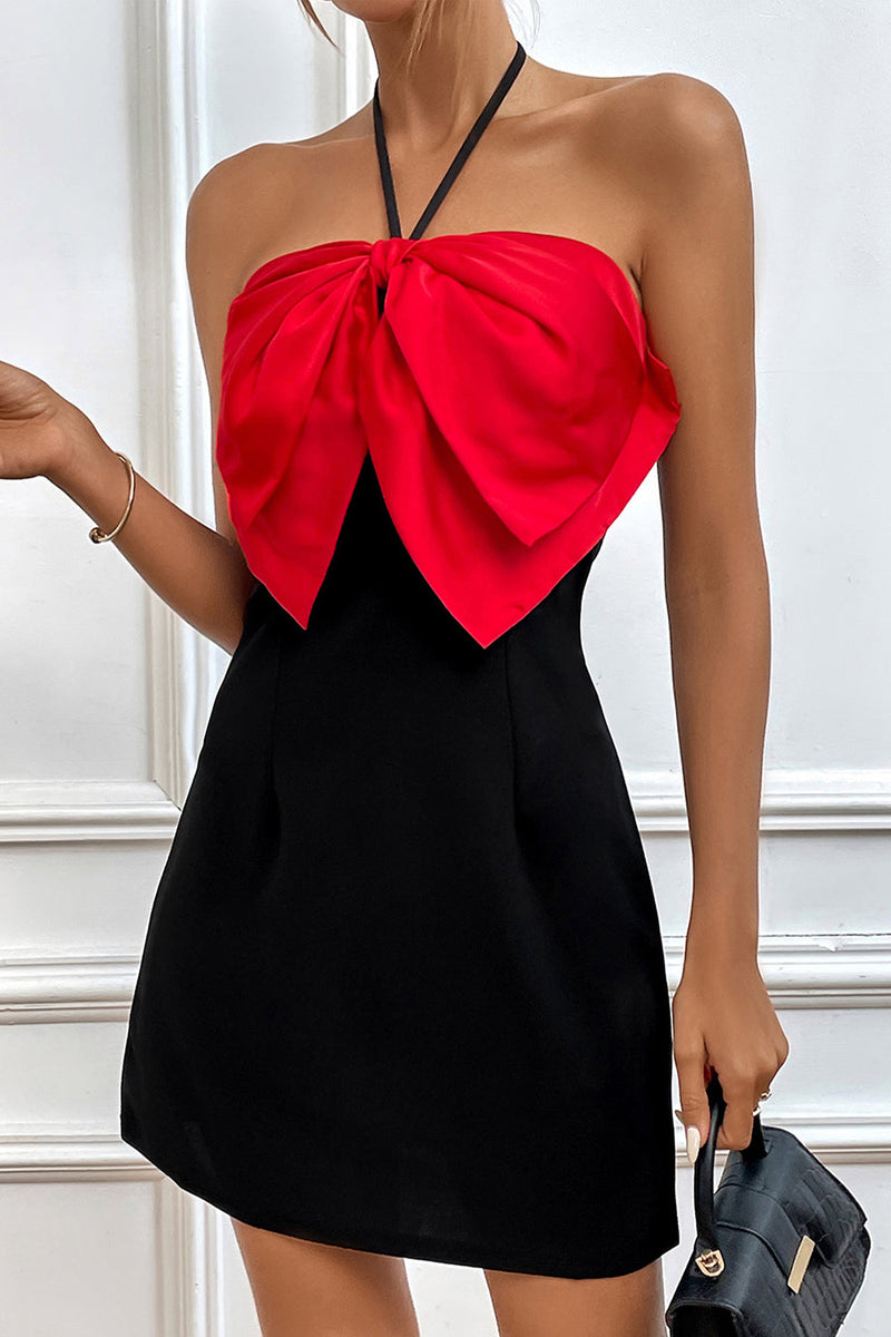 Załaduj obraz do przeglądarki galerii, Czarny Bodycon Kontrast Kolor Halter Neck Strap Bow Banquet Evening Dress