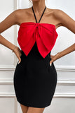 Czarny Bodycon Kontrast Kolor Halter Neck Strap Bow Banquet Evening Dress