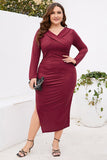 Burgundia Bodycon Dekolt V Długie Rękawy Plus Size Sukienka Robocza Z Rozcięciem