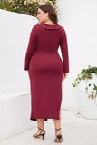 Burgundia Bodycon Dekolt V Długie Rękawy Plus Size Sukienka Robocza Z Rozcięciem