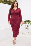 Burgundia Bodycon Dekolt V Długie Rękawy Plus Size Sukienka Robocza Z Rozcięciem