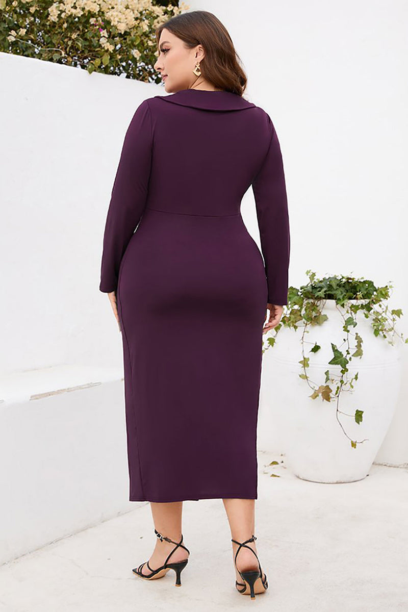 Załaduj obraz do przeglądarki galerii, Burgundia Bodycon Dekolt V Długie Rękawy Plus Size Sukienka Robocza Z Rozcięciem