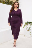 Burgundia Bodycon Dekolt V Długie Rękawy Plus Size Sukienka Robocza Z Rozcięciem