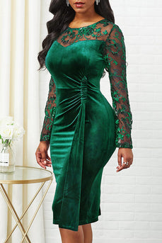 Plus Size Zielona Aksamitna Sukienka Robocza Z Długimi Rękawami