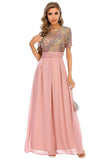 Blush Sequin A-line Round Neck Krótkie rękawy Długa suknia wieczorowa