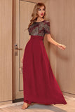 Blush Sequin A-line Round Neck Krótkie rękawy Długa suknia wieczorowa