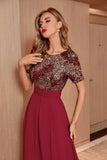 Blush Sequin A-line Round Neck Krótkie rękawy Długa suknia wieczorowa