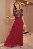 Blush Sequin A-line Round Neck Krótkie rękawy Długa suknia wieczorowa