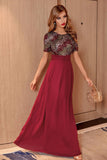 Blush Sequin A-line Round Neck Krótkie rękawy Długa suknia wieczorowa