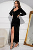 Załaduj obraz do przeglądarki galerii, Czarna aksamitna sukienka z długim rękawem z rozcięciem