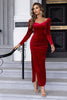 Załaduj obraz do przeglądarki galerii, Czerwona Błyszcząca Sukienki Na Impreze Z Długim Rękawem W Kształcie Serca Z Rozcięciem