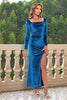 Załaduj obraz do przeglądarki galerii, Niebieska Aksamitna Sukienki Na Studniówke Z Kwadratowym Dekoltem Z Rozcięciem