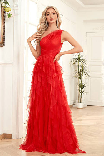 Czerwona Tiulowa Sukienki Na Studniówke Na Jedno Ramię