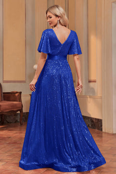 Królewska Niebieska Cekiny Sukienki Wieczorowe W Kształcie A Z Dekoltem W Szpic