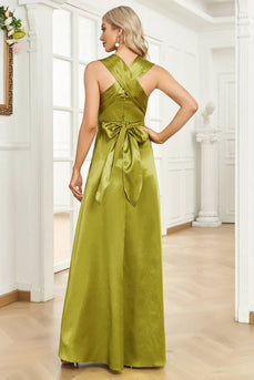 Satynowa Zielona Sukienki Wieczorowe Z Wiązaniem Na Szyi I Plisami